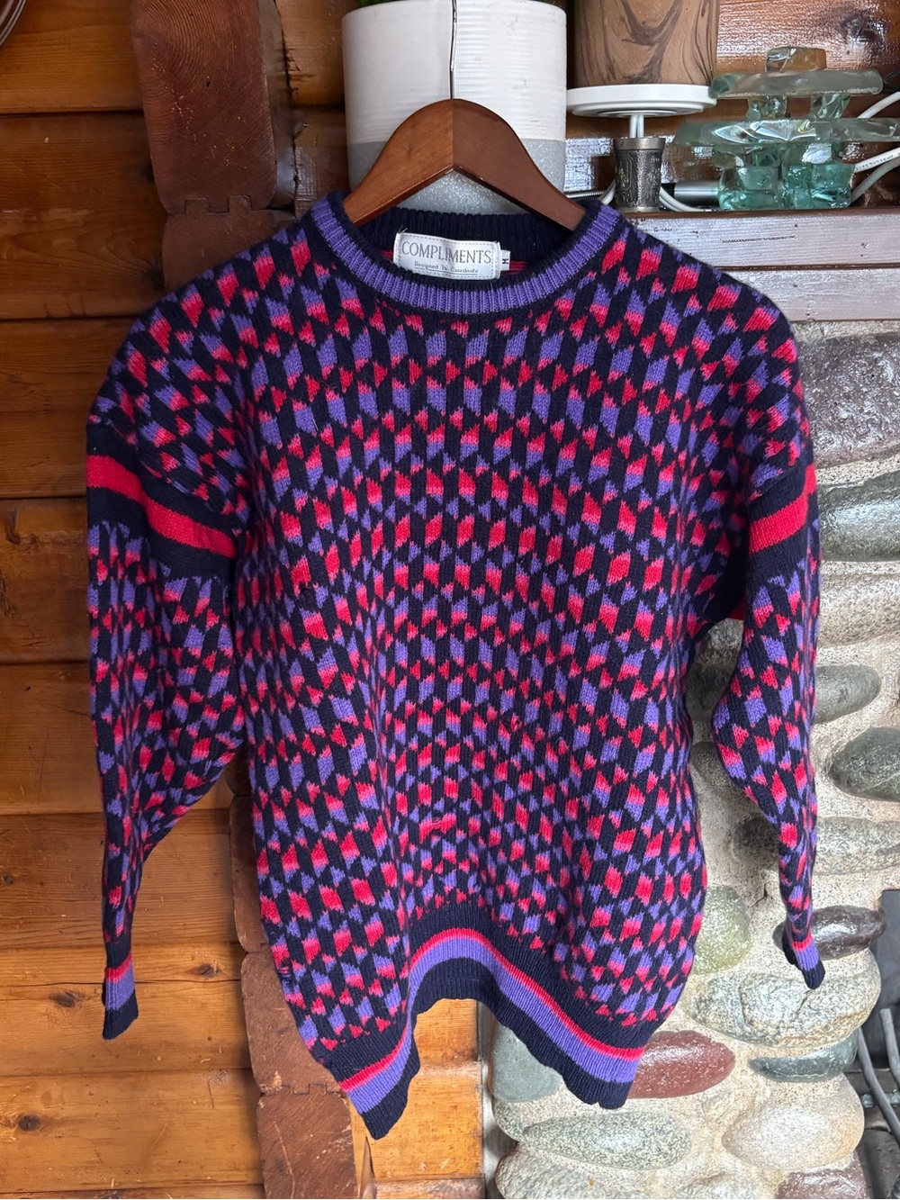 Vintage Compliments Pure Wool Geometric Knit Sweater M 80s Grandpacore